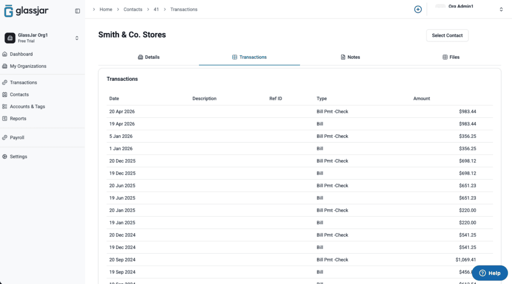 GlassJar contact record showing the full transaction history for one company