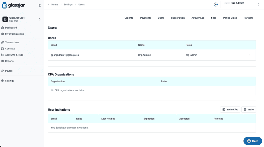 GlassJar user settings screen showing role-based permissions for a founder and a bookkeeper