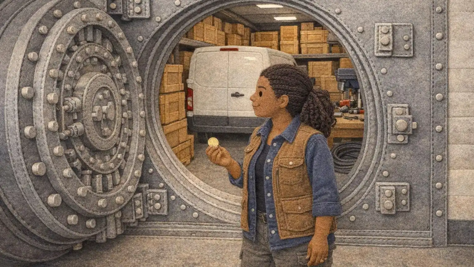 A felt bank vault full of equipment and inventory instead of cash, illustrating that retained earnings is not the same as money in the bank