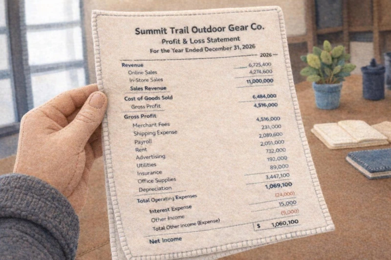 Felt illustration of a hand holding a printed profit and loss statement