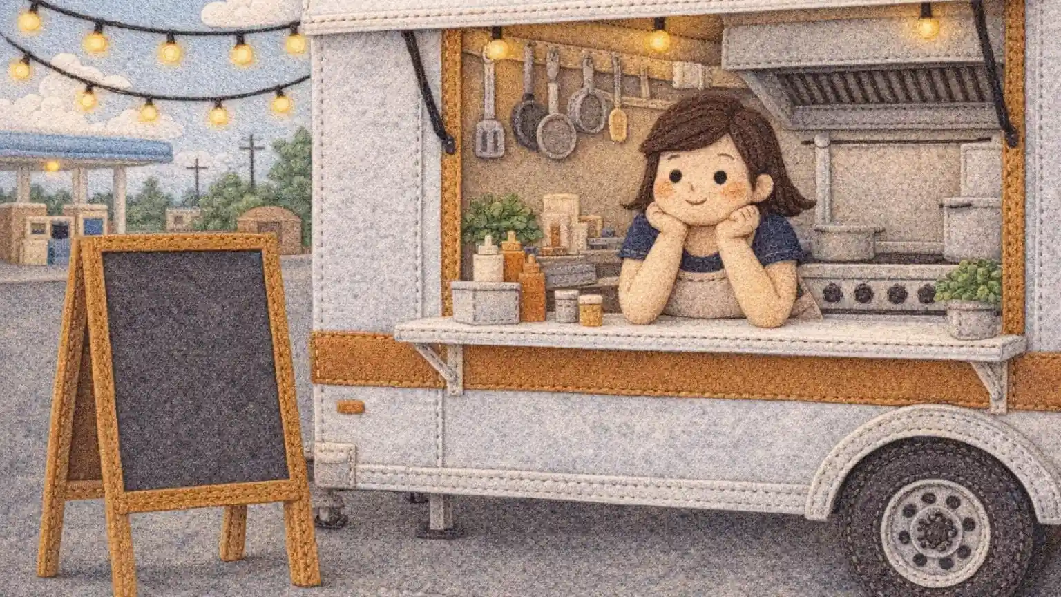 Felt illustration of a food truck owner at the serving hatch working out how many more customers the night needs