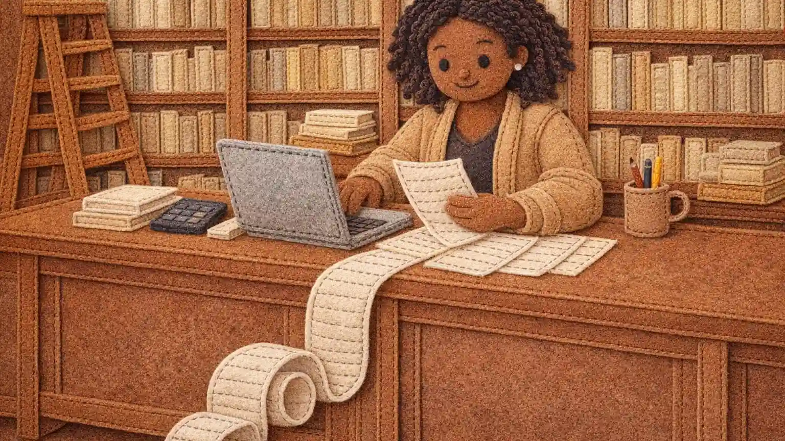 Felt illustration of a bookshop owner at the counter with a long till roll curling to the floor
