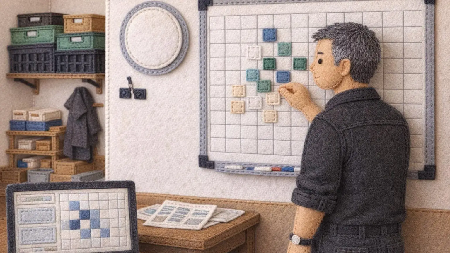Felt illustration of a restaurant manager moving shift tiles on a staff rota board