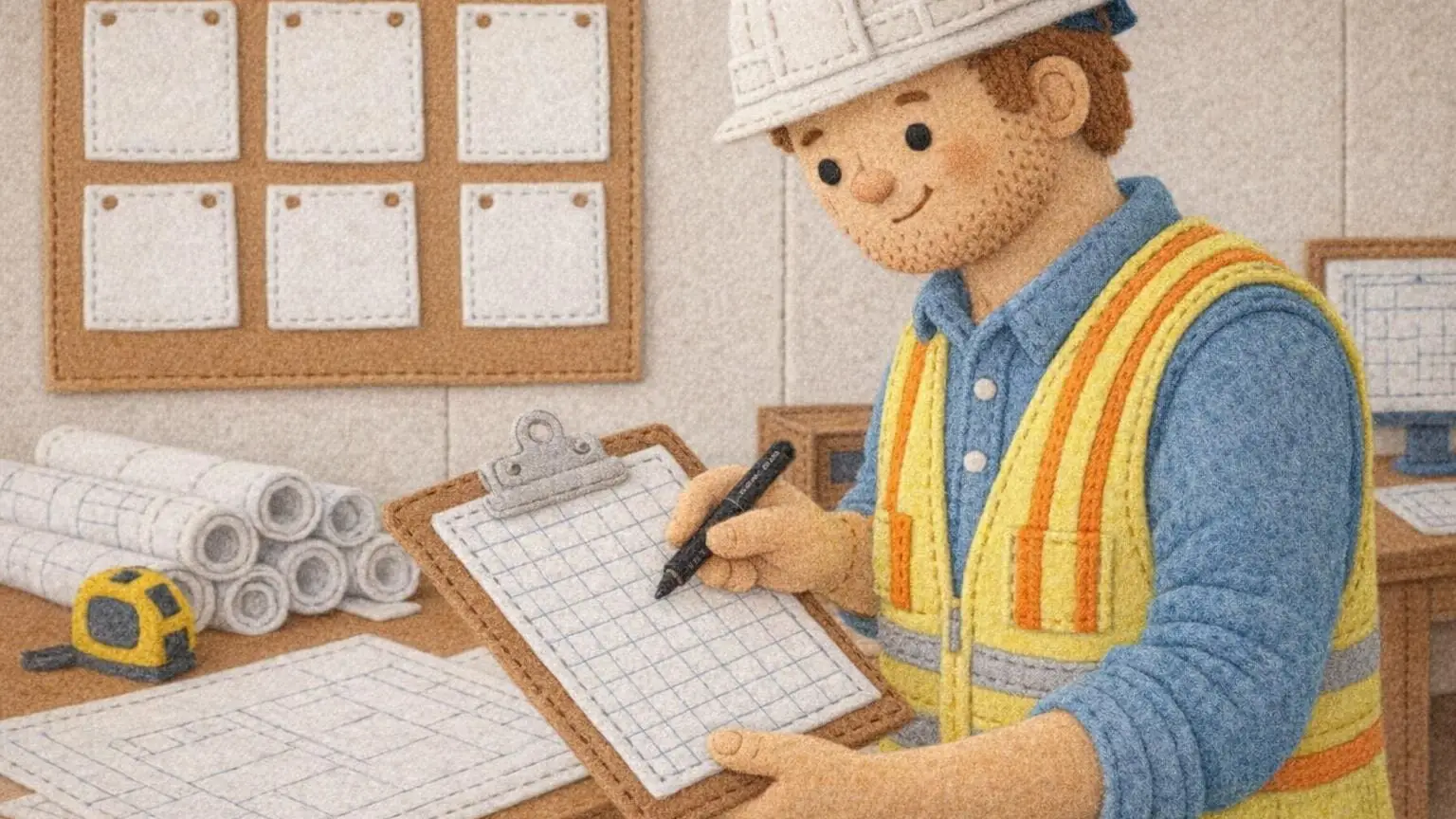 Felt illustration of a site foreman at a plan table marking hours onto a ruled grid sheet